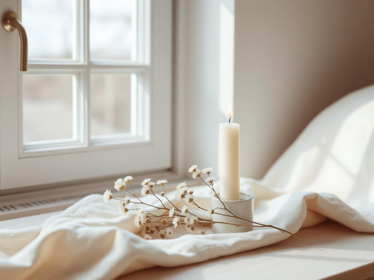 Ett stillsamt ljus och vita blommor i mjukt dagsljus